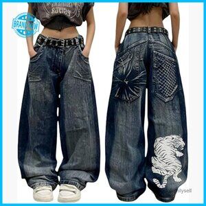 Y2K Skeleton Print Wide Leg Jeans High Waist Baggy Streetwear Denim